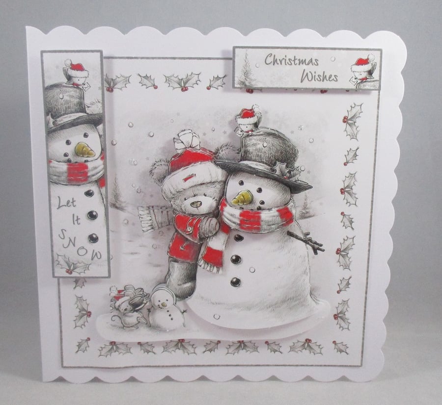 Cute Teddy ,Snowman 3D Decoupage Christmas Card,Handmade, Personailse