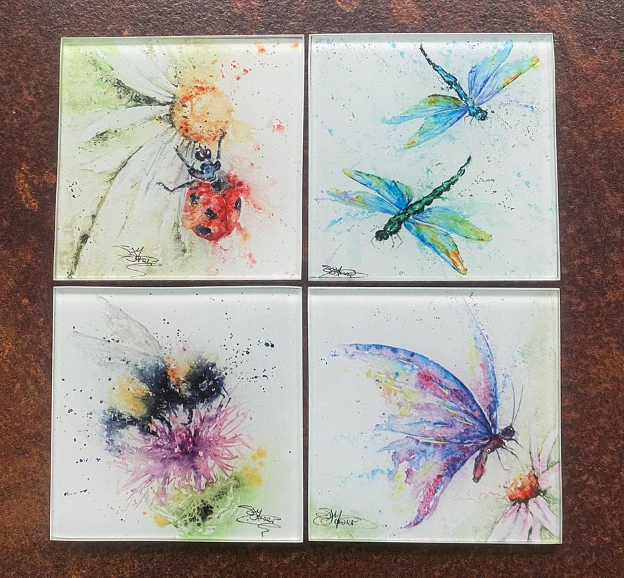 Set of 4 Glass Coasters, Colourful Insects Design Coasters, Glass Mats, Watercol