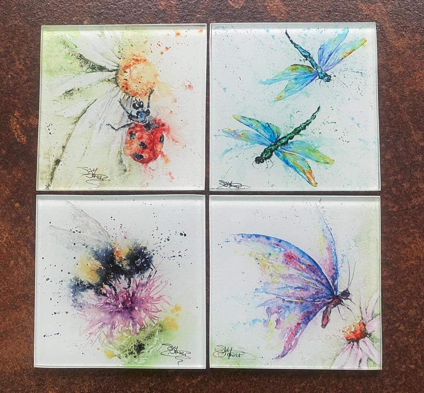 Set of 4 Glass Coasters, Colourful Insects Design Coasters, Glass Mats, Watercol