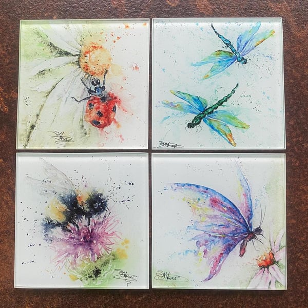 Set of 4 Glass Coasters, Colourful Insects Design Coasters, Glass Mats, Watercol