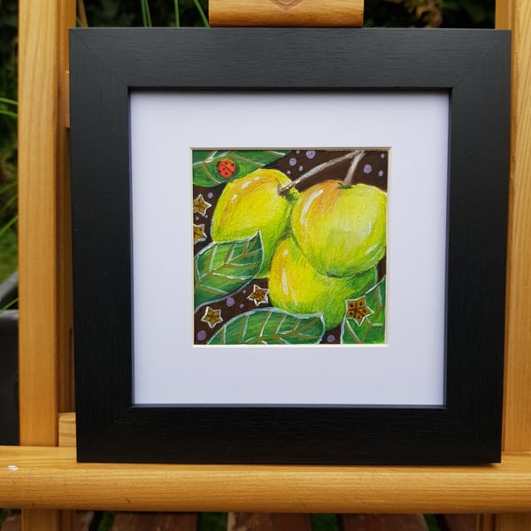 Apples ripening on a summer day- small original art 