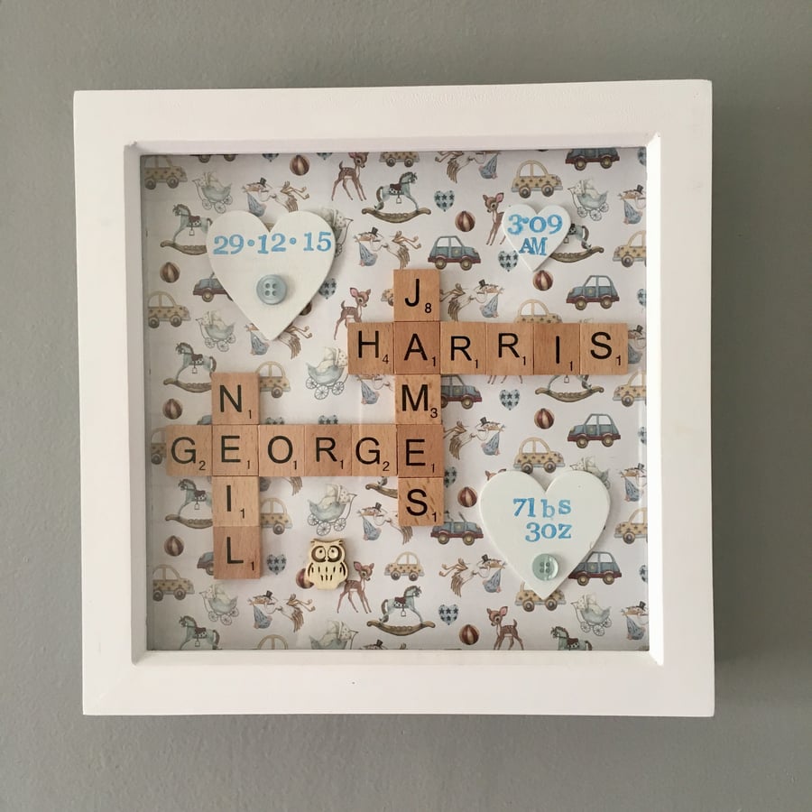 Bespoke handmade Scrabble letter new baby pictures