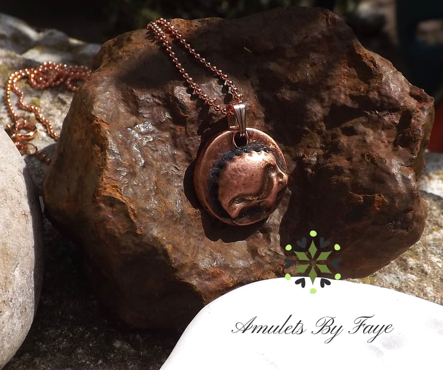 Recycled Copper Hedgehog on Round Pendant Necklace.