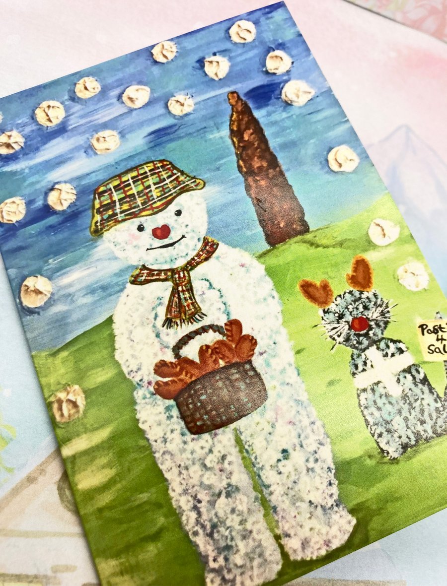 Cornish Snowman with pasties winter greetings card from an original artwork