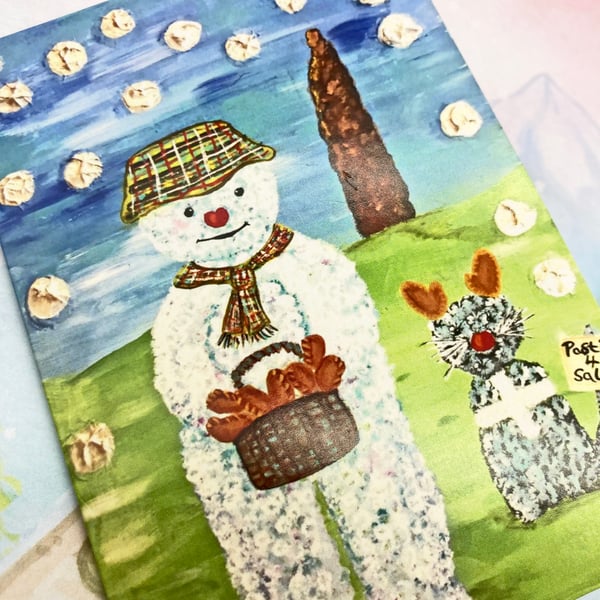 Cornish Snowman with pasties winter greetings card from an original artwork