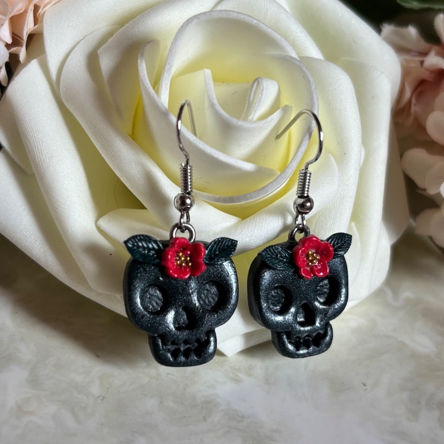 Black floral skull earrings
