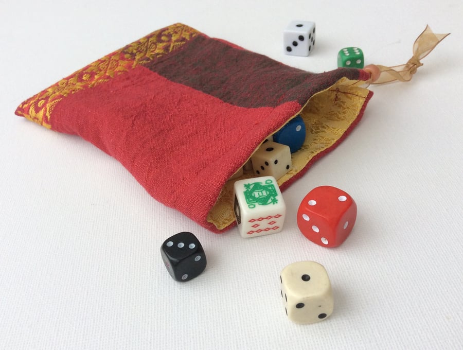 Drawstring bag, gamer's dice bag, red and gold, reversible, gift bag, pouch