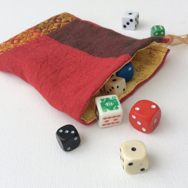 Drawstring bag, gamer's dice bag, red and gold, reversible, gift bag, pouch