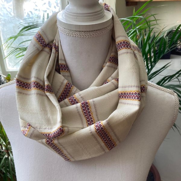 Cotton cream stripped ethnic infinity shawl Boho Wrap Shawl Gift for Her