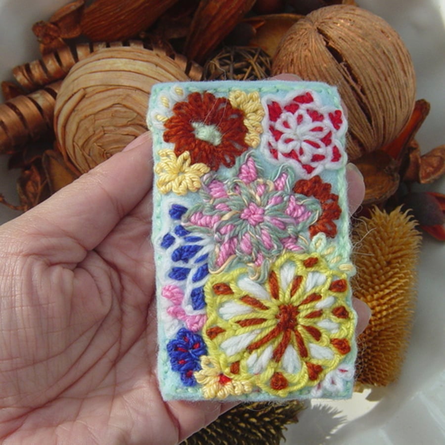 Abstract Floral Embroidered Yarn and Felt Over Large ACEO