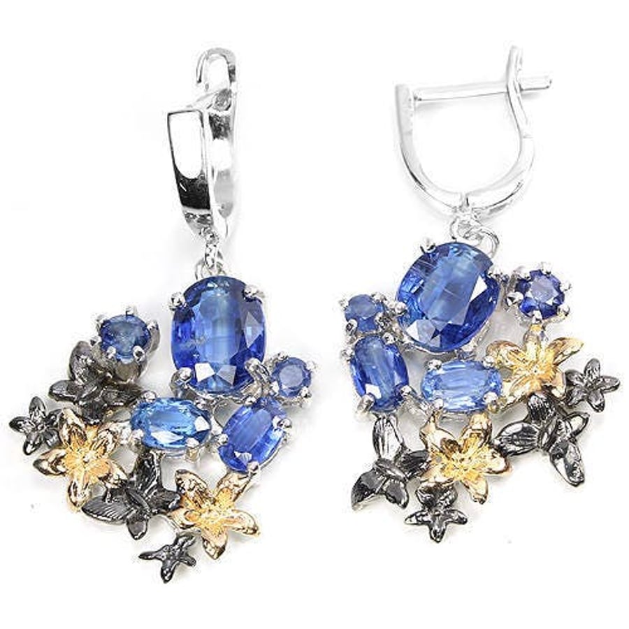 Kyanite and Sapphire Art Nouveau style Floral Butterfly Dropper Earrings