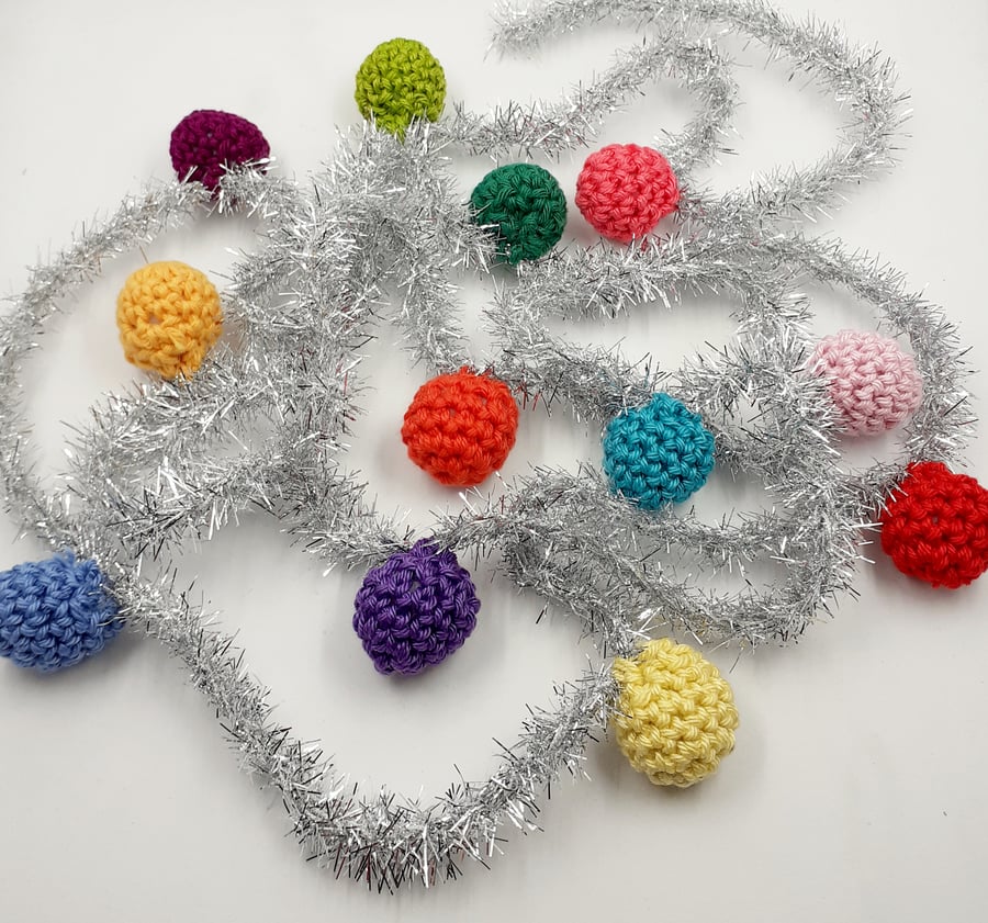 Crochet Balls on Silver Tinsel Garland 
