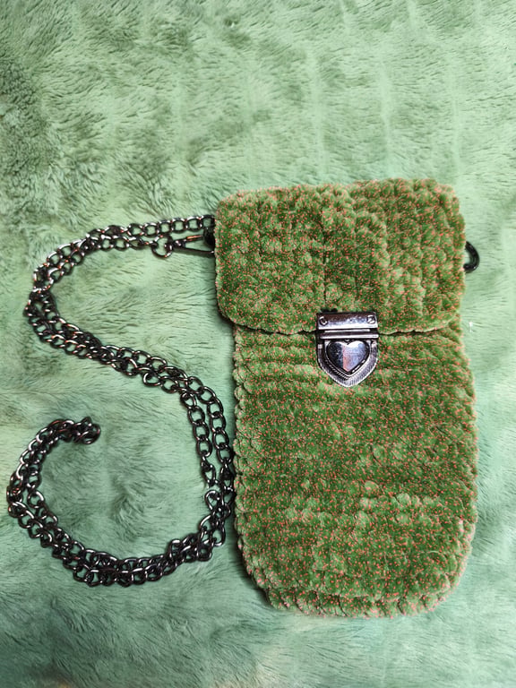 Mini Cross-Body Bag: Grass Green & Pink Tweed with Black Chain