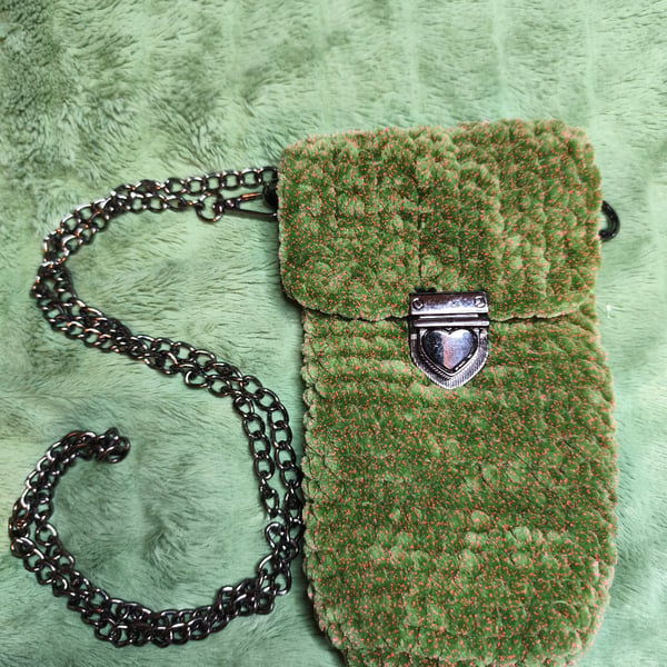 Mini Cross-Body Bag: Grass Green & Pink Tweed with Black Chain