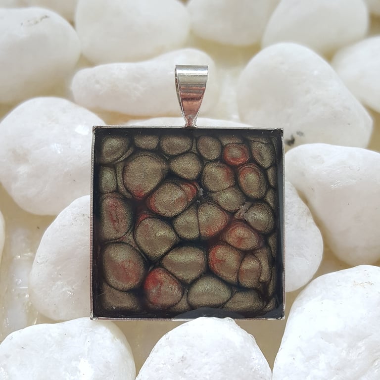 Hand Painted Gunmetal Grey Red Resin Pendant - Abstract Square Necklace