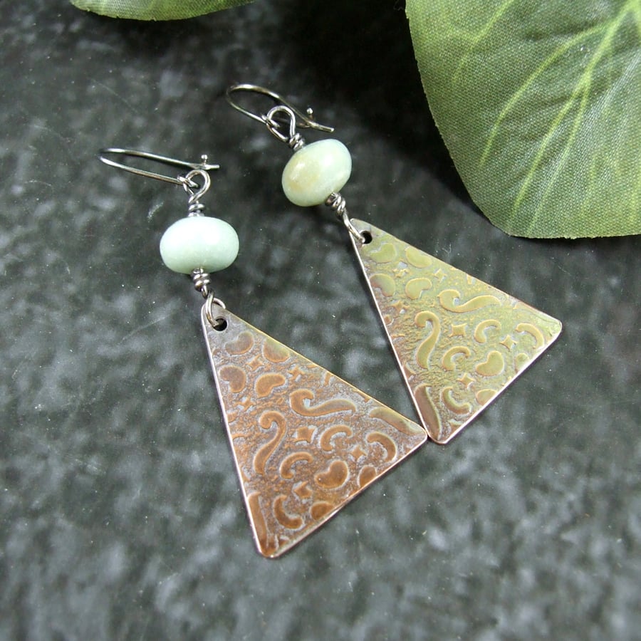 Earrings, Sterling Silver, Copper and Amazonite Triangle Droppers