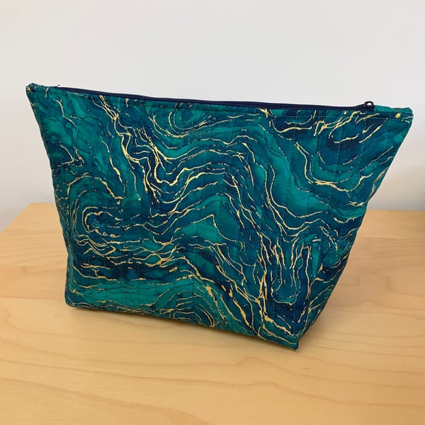 Navy Jade And Gold Marble Effect Quilted Fabric Washbag