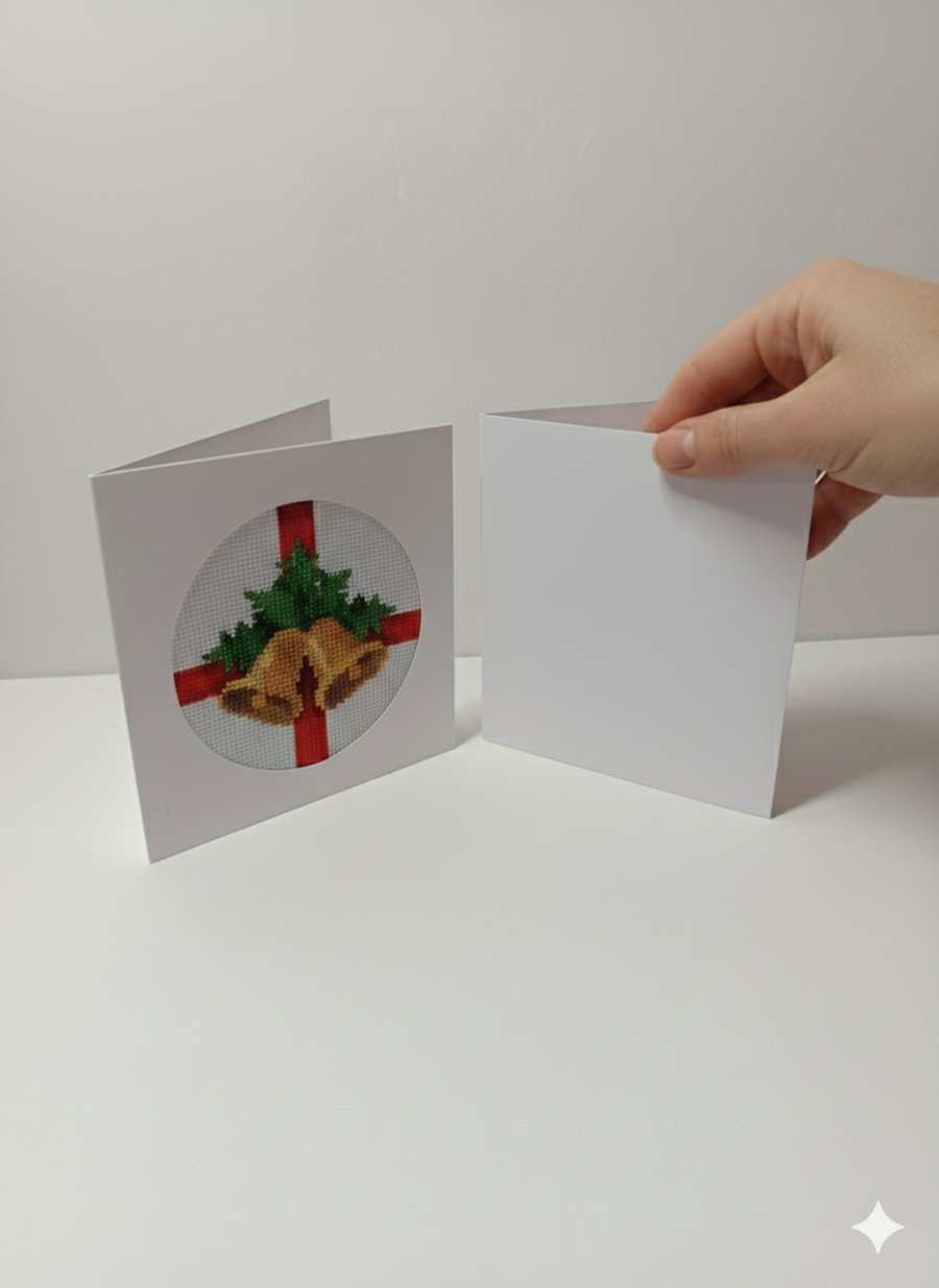 Hand-stitched Christmas card with embroidered festive bells and greenery