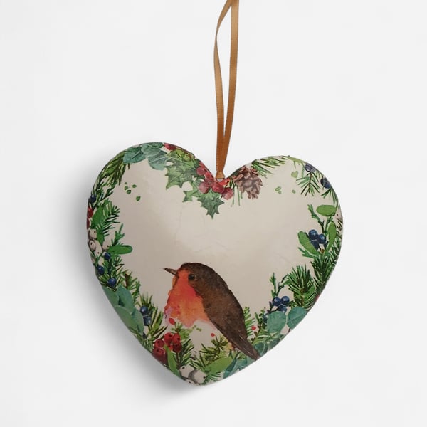 Robin and Berries Ceramic Heart Plaque Christmas Decoration Tree Ornament