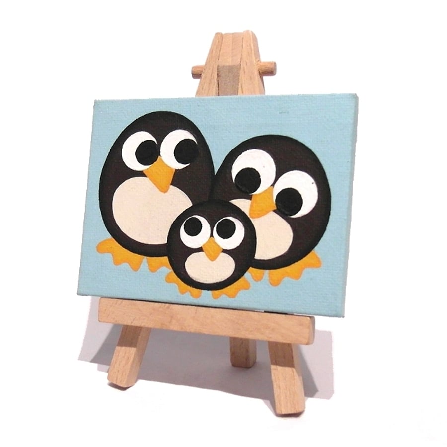 Penguin Family Mini Canvas - original acrylic painting of cute penguins