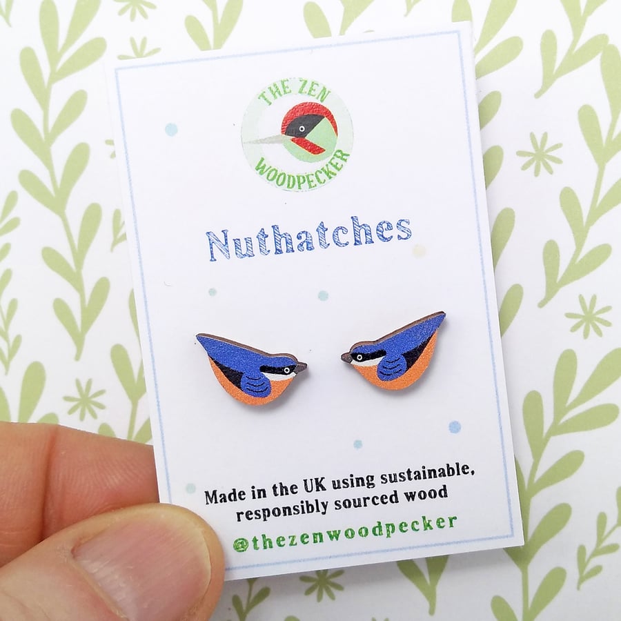 Nuthatch Earrings, Wooden Bird Studs, Silver Plated or Sterling Silver Backs