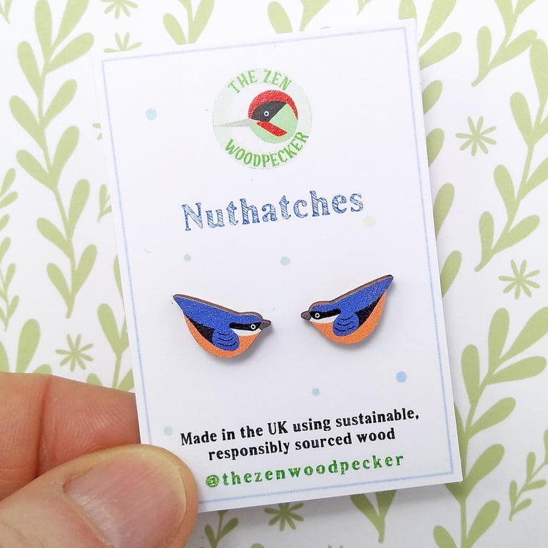 Nuthatch Earrings, Wooden Bird Studs, Silver Plated or Sterling Silver Backs