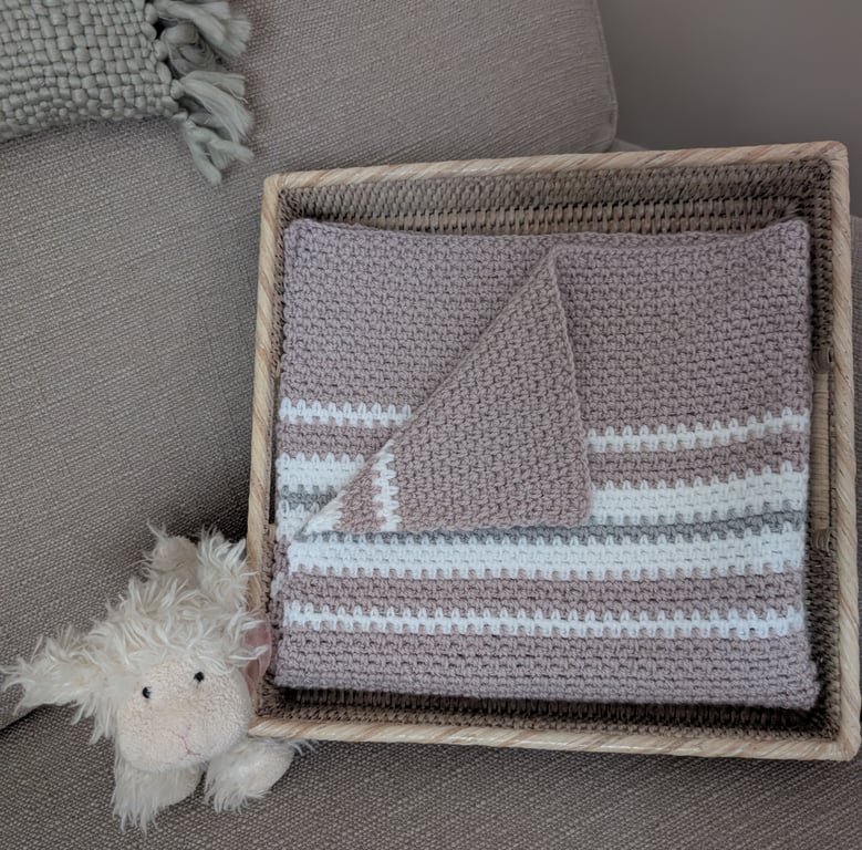 Stunning Crochet Baby Blanket in beautiful soft pink, grey and white yarn