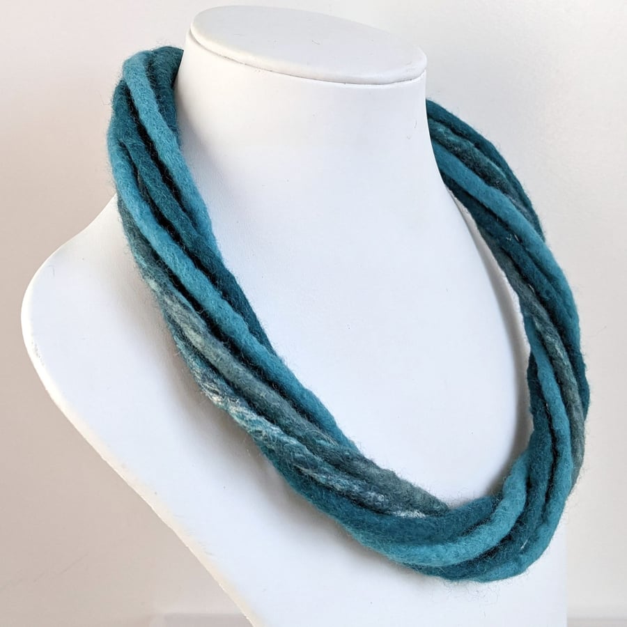 The Small Twist: felted cord necklace in shades of jade and teal