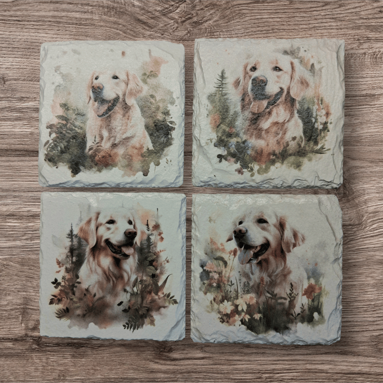 Golden Retriever Dog Decoupaged Slate Coasters Set 0f 4