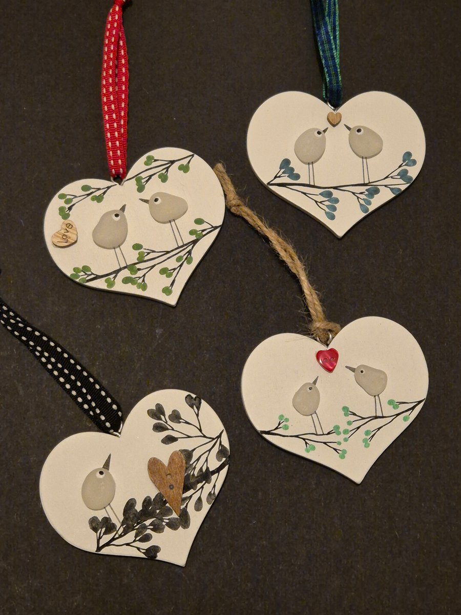Set of 4 handmade hanging wood hearts with seaham seaglass birds love 