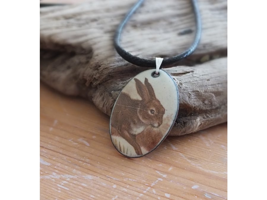 Hare oval enamelled pendant