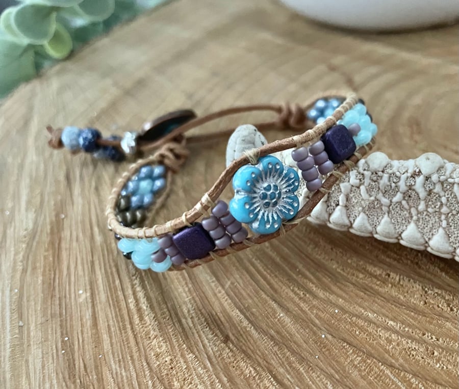 Italian leather beaded adjustable wrap bracelet 