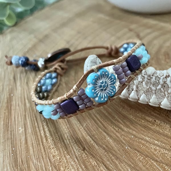 Italian leather beaded adjustable wrap bracelet 