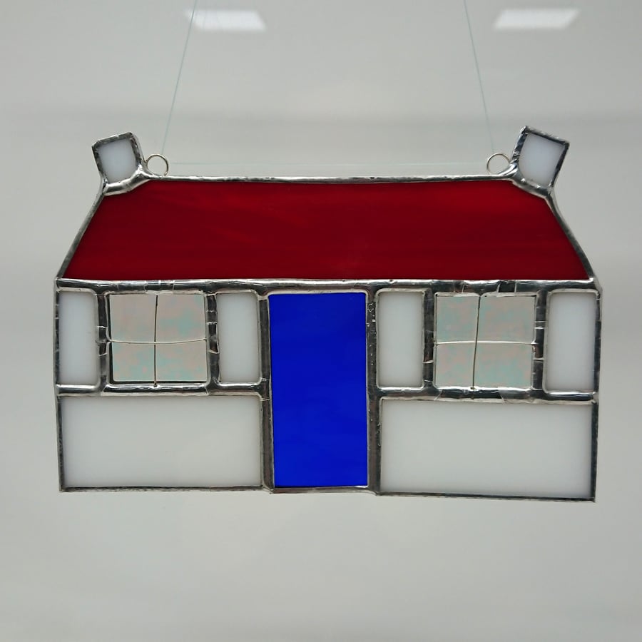 Stained glass traditional cottage whitewashed red roof copperfoil suncatcher