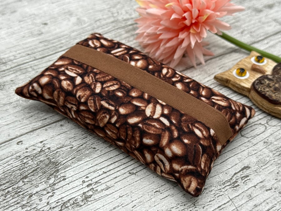 Coffee Bean Themed Fabric Pocket Tissue Holder - Travel Tissue Case - Reusable