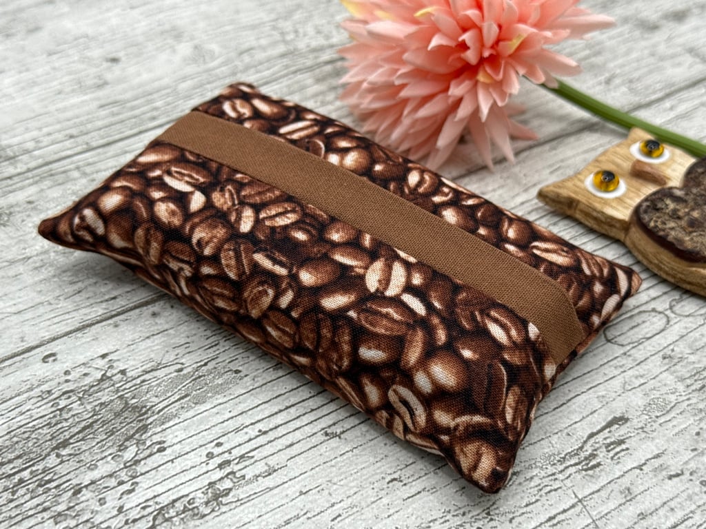 Coffee Bean Themed Fabric Pocket Tissue Holder - Travel Tissue Case - Reusable