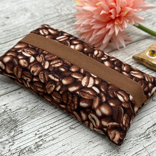 Coffee Bean Themed Fabric Pocket Tissue Holder - Travel Tissue Case - Reusable