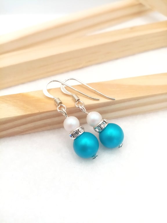 Dark Turquoise Austrian Crystal Pearl Earrings-Sterling Silver Earrings