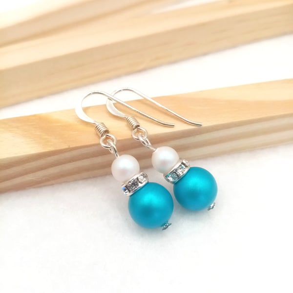 Dark Turquoise Austrian Crystal Pearl Earrings-Sterling Silver Earrings