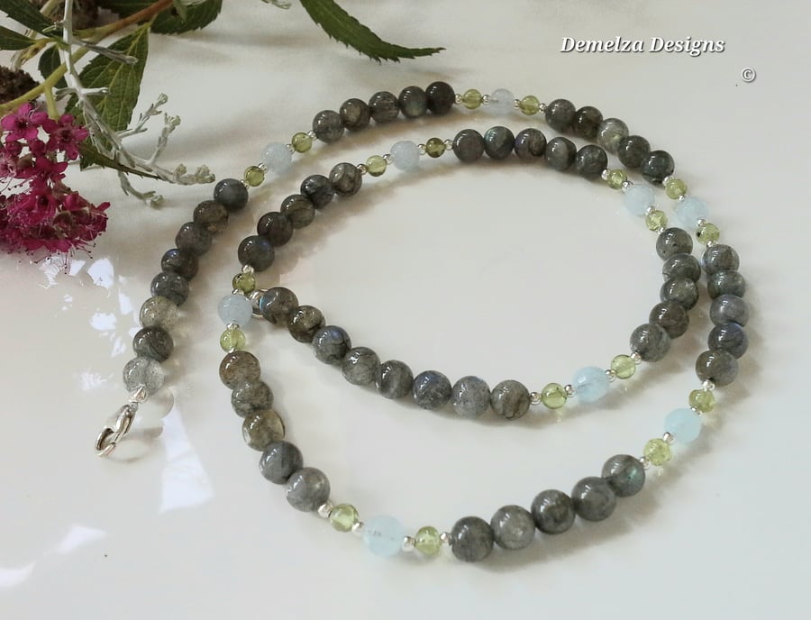 Labradorite,  Peridot & Aquamarine Sterling Silver necklace