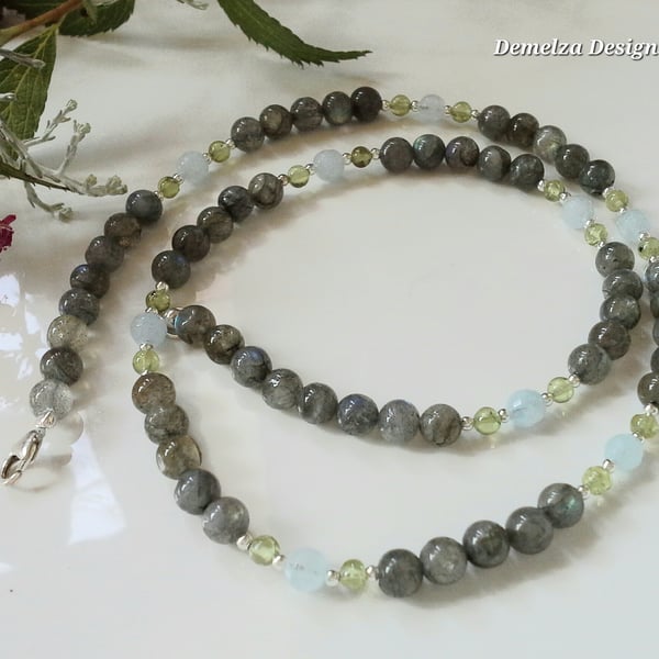 Labradorite,  Peridot & Aquamarine Sterling Silver necklace
