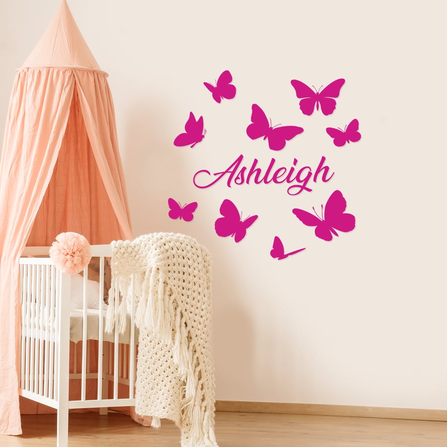 Personalised Butterflies & Name Wall Sticker: Custom Butterfly Kids Room Decor