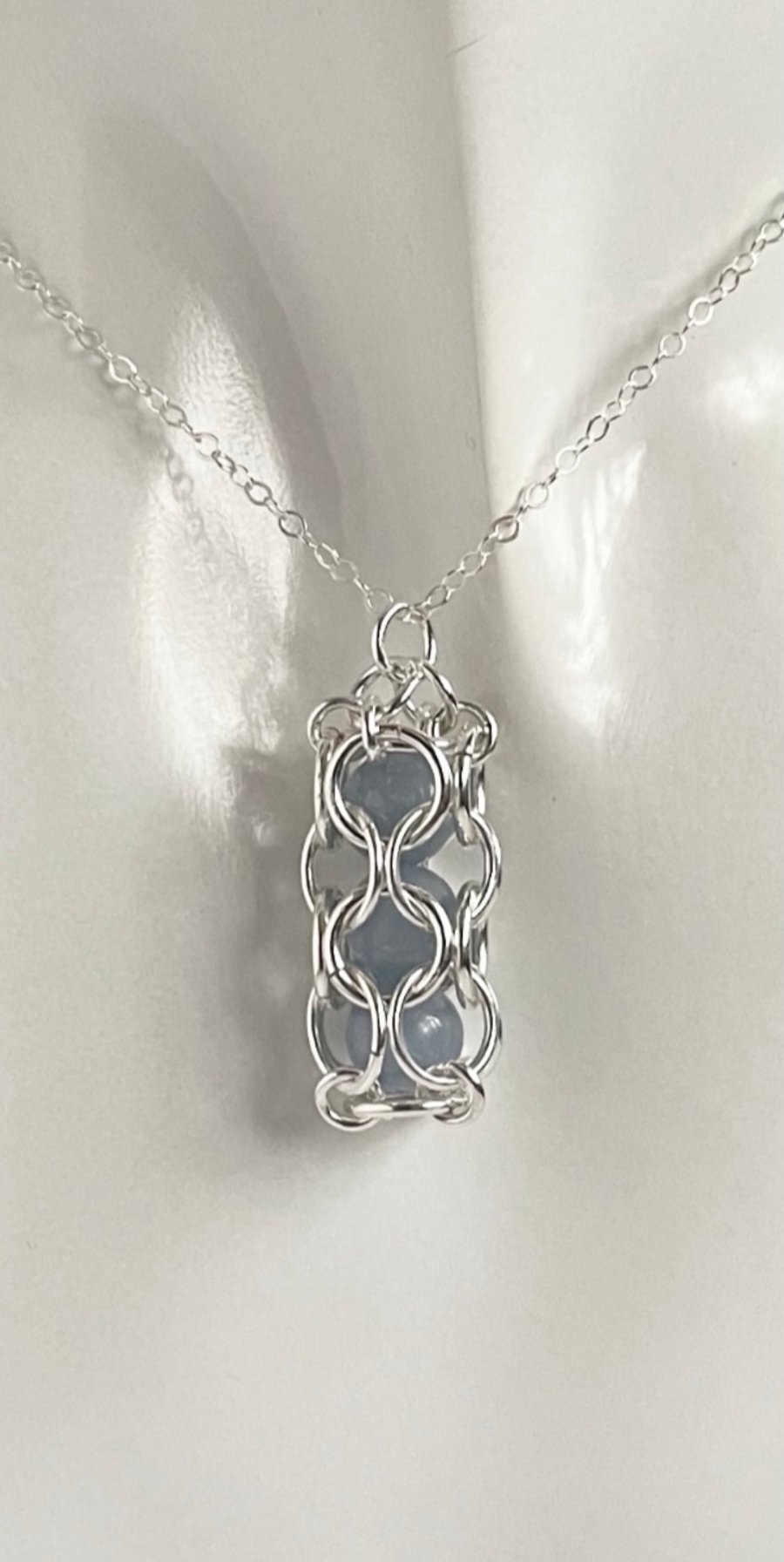 Sterling Silver Captured Angelite Chainmaille Pendant