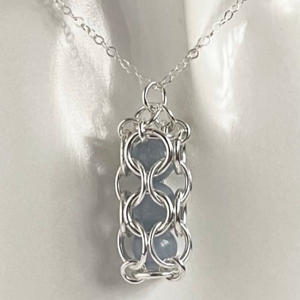 Sterling Silver Captured Angelite Chainmaille Pendant