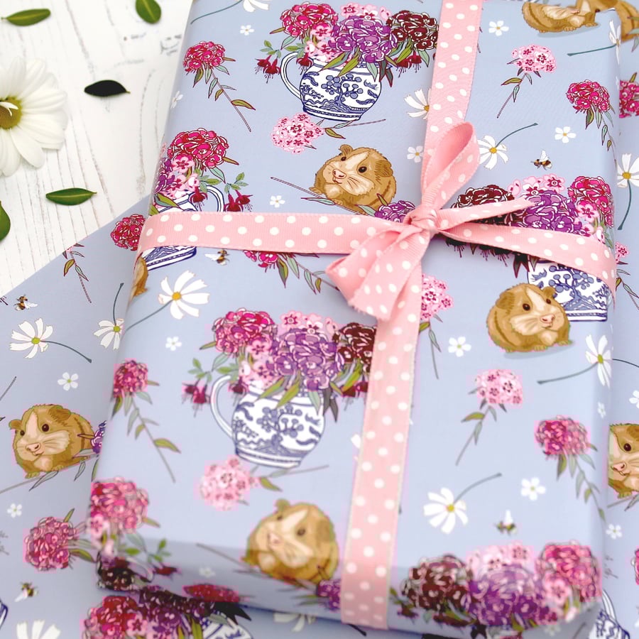Gift Wrap single sheet with tag - Guinea Pigs and Sweet Williams