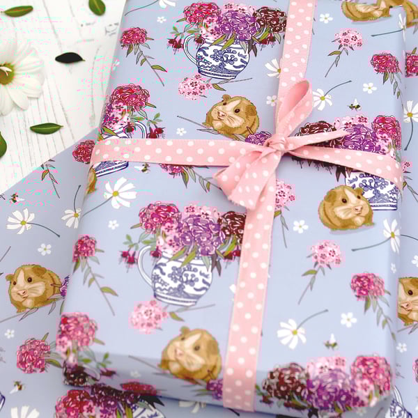 Gift Wrap single sheet with tag - Guinea Pigs and Sweet Williams