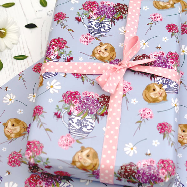 Gift Wrap single sheet with tag - Guinea Pigs and Sweet Williams