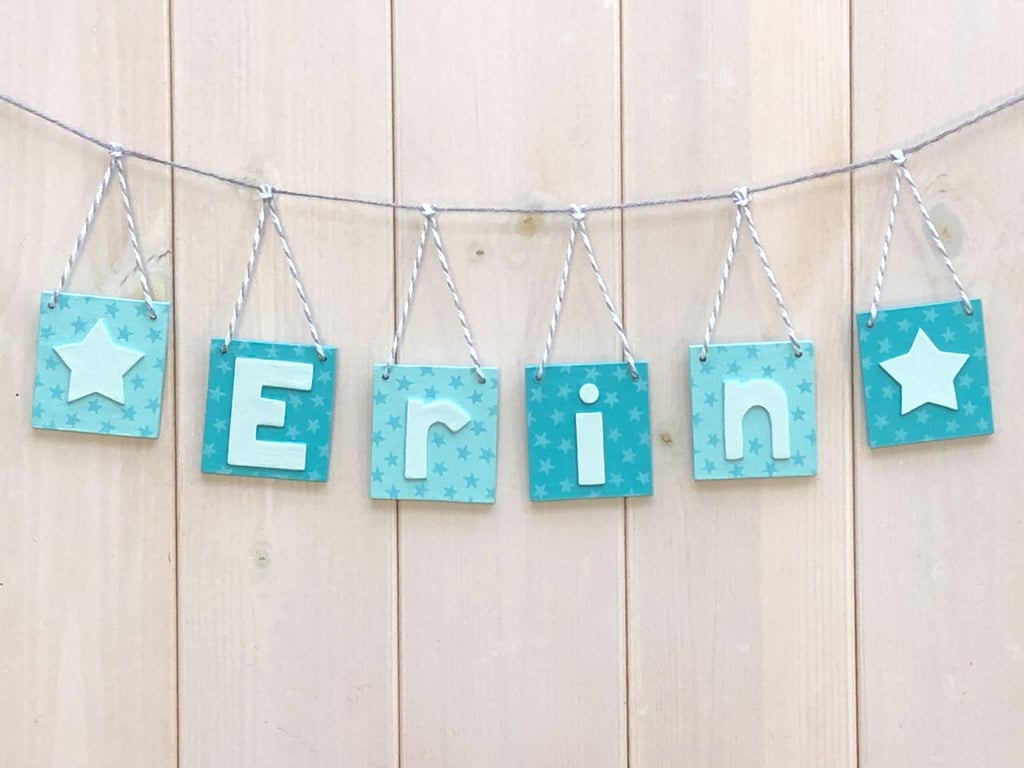Personalised name bunting in shades of turquoise. Any Name!