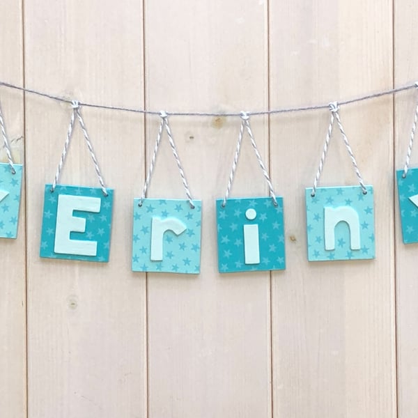 Personalised name bunting in shades of turquoise. Any Name!