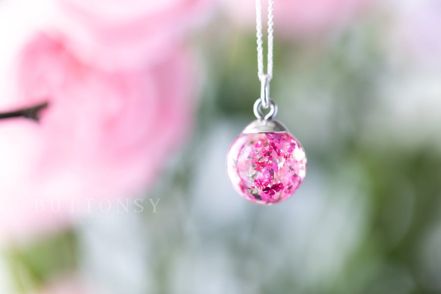 Spring Globe Necklace Real Flower Necklace Spring Flowers Gifts for Her Pink Blo